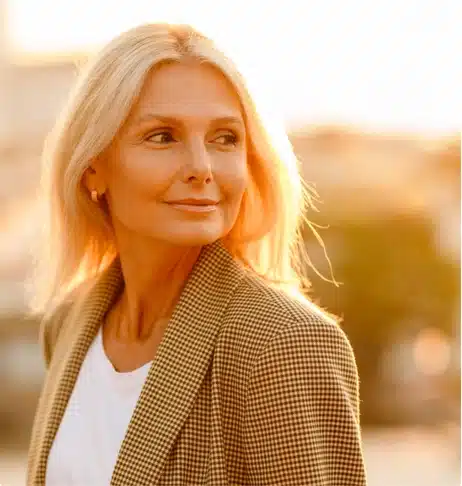 Older woman outdoors in warm sunlight, looking to the side with a calm expression.